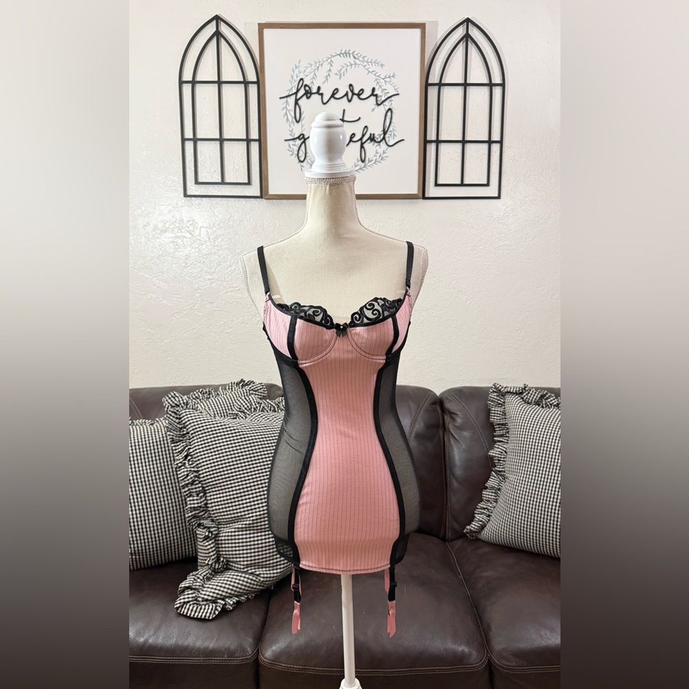 Shirley of Hollywood Pinstripe Corset Dress Size 34 Black & Pink Lingerie Set - Picture 3 of 16